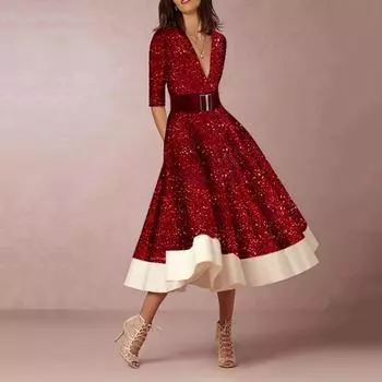 Осенне-зимнее платье Темперамент Элегантные распашные платья трапециевидной формы с v-образным вырезом и длинными рукавами с принтом S бордовый