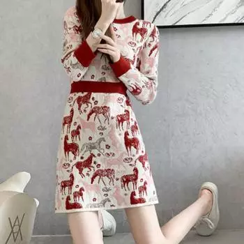Осенне-зимнее платье женское, 2022, повседневное, с круглым вырезом, с принтом, модное, с длинными рукавами, темпераментное, женское трикотажное платье, женское