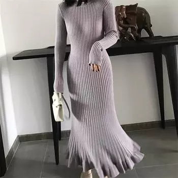 Осенне-зимнее плотное платье-свитер, женское платье с круглым вырезом и длинными рукавами, элегантное женское тонкое трикотажное платье трапециевидной формы M бежевый