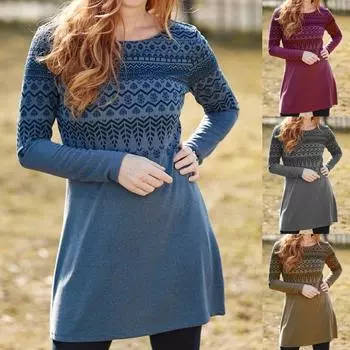 Осенне-зимнее плотное вязаное платье с длинным рукавом и круглым вырезом в этническом стиле с цветочным принтом для женщин S красный