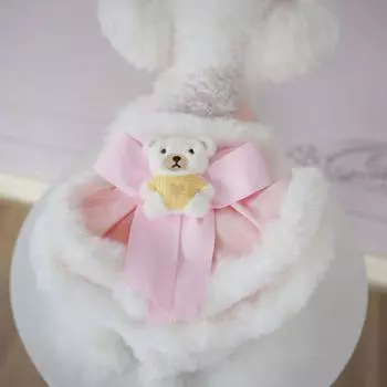 Осенне-зимнее плюшевое кружевное платье на бретельках для домашних животных, милое пальто с медведем, шерстяная юбка с медведем на бретельках, одежда для маленьких собак в виде плюшевого мишки XS