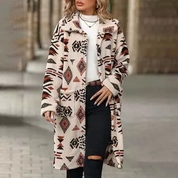 Осенне-зимнее плюшевое пальто с принтом, однобортный пиджак с длинными рукавами, женская теплая удобная верхняя одежда в стиле ретро и этническом стиле S абрикосовый
