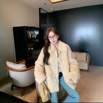 Осенне-зимнее плюшевое свободное толстое пальто женское с верхом из искусственного меха S светло-желтого