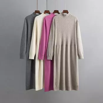 Осенне-зимнее полувысокое шерстяное платье с длинным рукавом и длинными рукавами длиной до колена трикотажное платье большого размера One Size абрикосовый