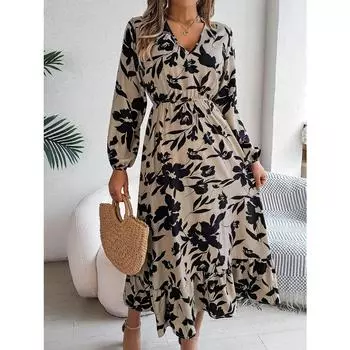 Осенне-зимнее повседневное платье с цветочным принтом и длинными рукавами и оборками S зелёный