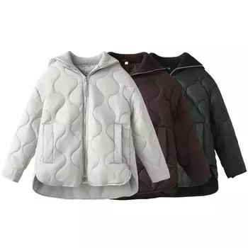 Осенне-зимнее повседневное свободное трикотажное стеганое ромбовидное хлопковое пальто с отворотами, теплое зимнее хлопковое пальто XS чёрный