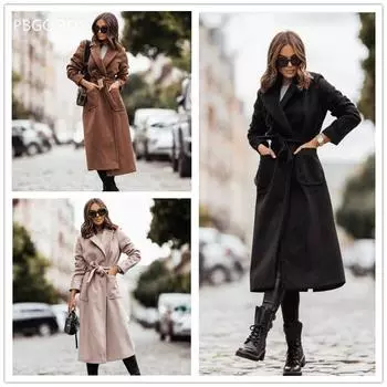 Осенне-зимнее простое двубортное пальто шерстяное пальто с длинными рукавами и лацканами на пуговицах S коричневый