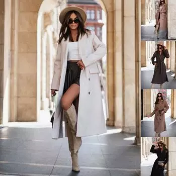 Осенне-зимнее простое шерстяное пальто с длинными рукавами и воротником, женская одежда S чёрный