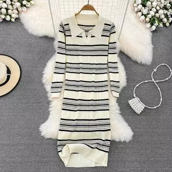 Осенне-зимнее прямое вязаное платье в Корейском стиле в стиле ретро с длинными рукавами и воротником-поло в полоску