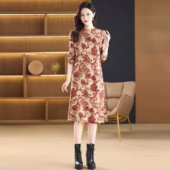 Осенне-зимнее рельефное цветочное утолщенное облегающее трикотажное платье женское средней и длинной утолщенной длины до колена свитер низ юбка M