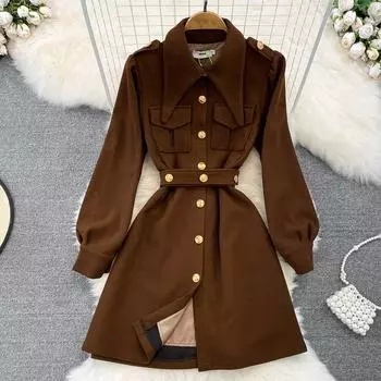 Осенне-зимнее ретро-темперамент Англии WIND Bubble с длинным рукавом, однорядная пряжка на талии, тонкая рубашка-пальто, платье