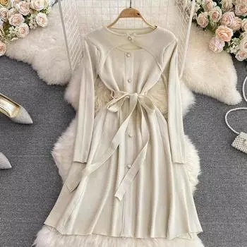 Осенне-зимнее ретро темпераментное поддельное трикотажное платье трапециевидной формы с круглым вырезом и полой талией