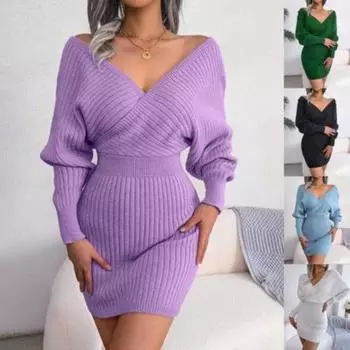 Осенне-зимнее сексуальное однотонное шерстяное платье с запахом и рукавами «летучая мышь», однотонное S синий