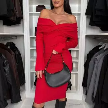 Осенне-зимнее сексуальное платье с длинным рукавом и вырезом-лодочкой, женское облегающее повседневное платье с высокой талией, женское однотонное элегантное винтажное платье-карандаш для вечеринок и клубов 25611 S чёрный