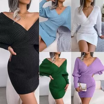 Осенне-зимнее сексуальное шерстяное платье с перекрестным V-образным вырезом и рукавами «летучая мышь» и запахом на бедрах S синий