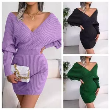 Осенне-зимнее сексуальное шерстяное платье с перекрестным V-образным вырезом и рукавами «летучая мышь» и запахом на бедрах S синий