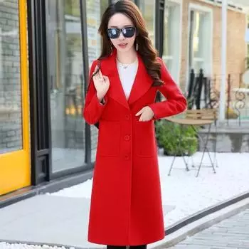 Осенне-зимнее шерстяное пальто для матери среднего возраста, утолщенное, 40-летняя, 50-летняя, осеннее теплое пальто свободного покроя, красное M Below 50 kg красный
