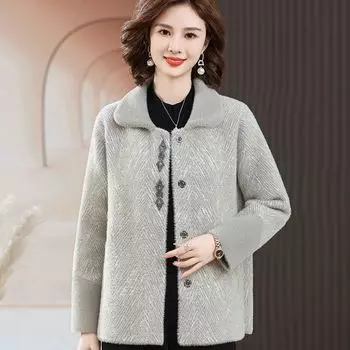 Осенне-зимнее шерстяное пальто, куртка для женщин среднего и пожилого возраста, теплая и удобная шерстяная повседневная модная одежда XXXXL серый