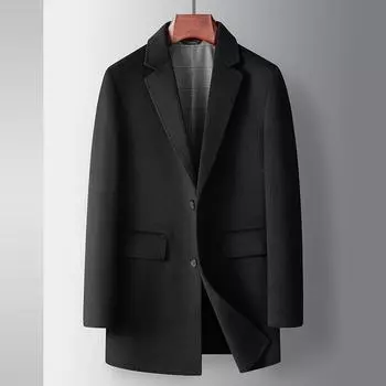 Осенне-зимнее шерстяное пальто ручной работы с двумя сторонами, деловое пальто среднего возраста, однотонное шерстяное пальто средней и длинной длины 170 чёрный