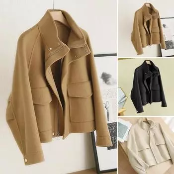 Осенне-зимнее шерстяное пальто с боковыми карманами, застежкой-молнией и отложным воротником, однотонное S бежевый