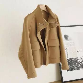 Осенне-зимнее шерстяное пальто с боковыми карманами, застегивающимся на молнию воротником, отложным воротником, однотонная толстая куртка с длинными рукавами, верхняя одежда для поездок на работу и свиданий S бежевый