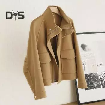 Осенне-зимнее шерстяное пальто с боковыми карманами, застегивающимся на молнию воротником, отложным воротником, однотонная толстая куртка с длинными рукавами, верхняя одежда для поездок на работу и свиданий S верблюд