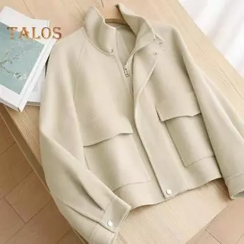 Осенне-зимнее шерстяное пальто с боковыми карманами, застегивающимся на молнию воротником, отложным воротником, однотонная толстая куртка с длинными рукавами, верхняя одежда для поездок на работу и свиданий XL верблюд