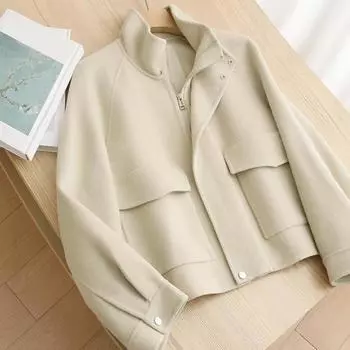 Осенне-зимнее шерстяное пальто с боковыми карманами, застежкой-молнией и отложным воротником на кнопках L верблюд