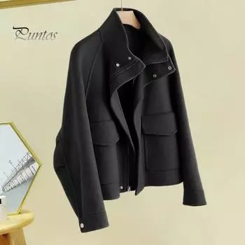 Осенне-зимнее шерстяное пальто с боковыми карманами, застегивающимся на молнию воротником, отложным воротником, однотонная толстая куртка с длинными рукавами, верхняя одежда для поездок на работу и свиданий XL чёрный