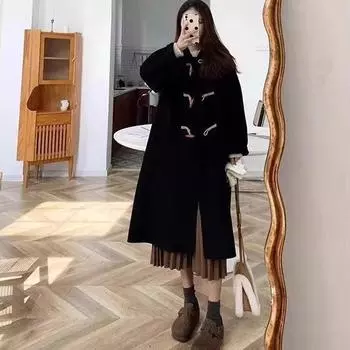 Осенне-зимнее шерстяное пальто с роговой пряжкой женское 2024 новое шерстяное пальто S
