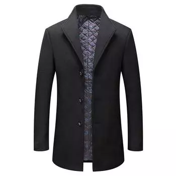 Осенне-зимнее шерстяное пальто средней и длинной длины, мужская мода, шерстяное пальто с добавлением хлопка, не требующее глажки, куртка с вертикальными лацканами, шерстяное мужское M чёрный