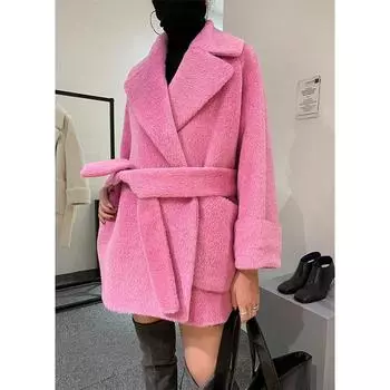 Осенне-зимнее шерстяное пальто Suli высокого качества свободного покроя, женское поясное пальто средней и длинной длины с кардиганом S розовый