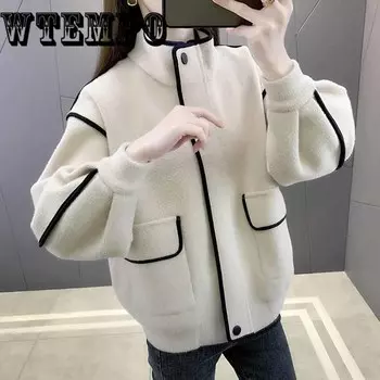 Осенне-зимнее шерстяное пальто, женское цветное контрастное пальто на молнии, свободный вязаный кардиган, маленькая куртка-бомбер XL бежевый