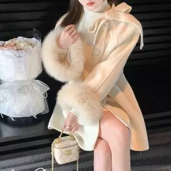 Осенне-зимнее шерстяное пальто женское высокого качества с бантом и меховыми рукавами, свободное, утолщенное, милое, средней длины пальто S