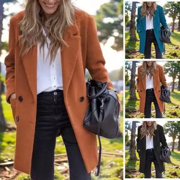 Осенне-зимнее шерстяное женское пальто средней длины большого размера S