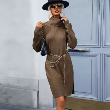 Осенне-зимнее шикарное однотонное вязаное платье-свитер с длинным рукавом и высоким воротником, толстый длинный пуловер трапециевидной формы S коричневый