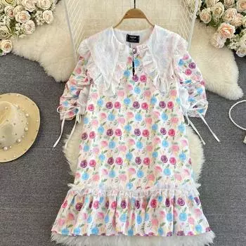 Осенне-зимнее стильное платье с рюшами и короткими рукавами для снижения возраста, свободное среднее длинное платье с цветочным принтом и рюшами