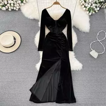 Осенне-зимнее светское темпераментное платье с V-образным вырезом и талией, тонкое открытое бархатное платье во французском стиле ретро для пожилых людей