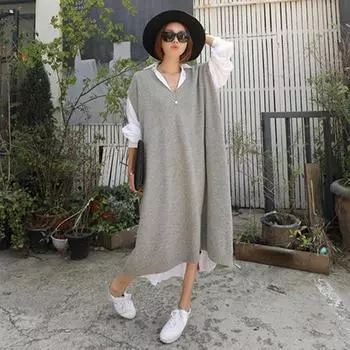 Осенне-зимнее свободное платье-свитер с v-образным вырезом, женское длинное вязаное жилет большого размера, женское повседневное платье-свитер без рукавов One size серый