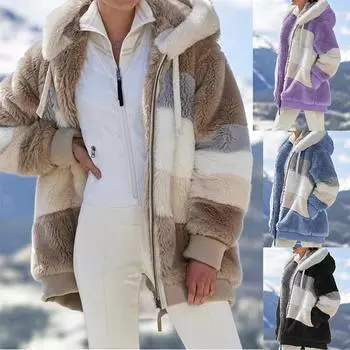 Осенне-зимнее свободное плюшевое многоцветное пальто с капюшоном для женщин S красный