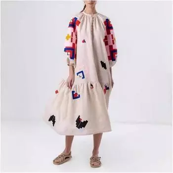 Осенне-зимнее свободное повседневное платье с рукавами-фонариками для женщин S