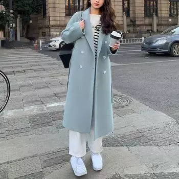 Осенне-зимнее свободное шерстяное пальто для женщин, повседневная однотонная верхняя одежда с поясом, корейская мода, шикарное женское пальто, одежда S чёрный