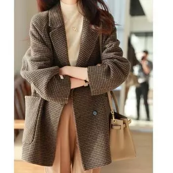 Осенне-зимнее свободное твидовое шерстяное пальто в клетку, однобортные женские пиджаки с надрезом, куртки с длинными рукавами S
