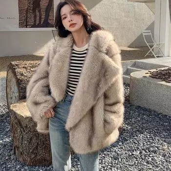 Осенне-зимнее теплое пальто из искусственного лисьего меха с травой для женщин, свободное и удобное пальто средней длины с большим лацканом, меховое пальто с воротником S