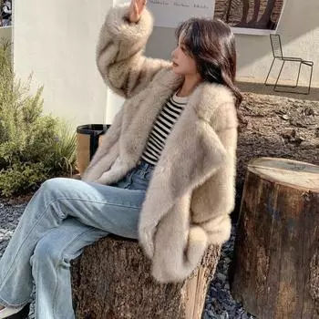 Осенне-зимнее теплое пальто из искусственного лисьего меха с травой для женщин, свободное и удобное пальто средней длины с большим лацканом, меховое пальто с воротником S