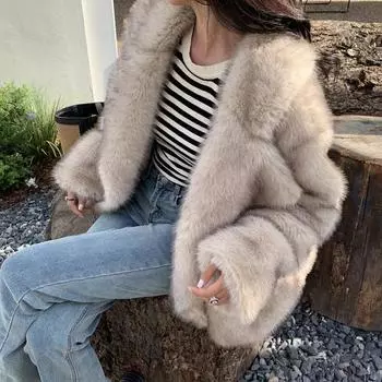Осенне-зимнее теплое пальто из искусственного меха лисы, женское, средней и длинной длины, с большим лацканом, свободное и удобное пальто с воротником-стойкой S