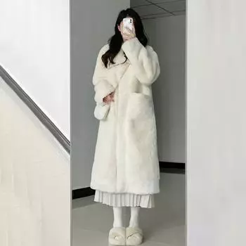 Осенне-зимнее теплое пальто миди из искусственного меха, женская мода, корейская повседневная куртка с карманами и лацканами, однотонная элегантная универсальная длинная верхняя одежда S белый