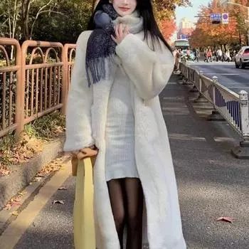 Осенне-зимнее теплое пальто миди из искусственного меха, женская мода, корейская повседневная куртка с карманами и лацканами, однотонная элегантная универсальная длинная верхняя одежда S белый