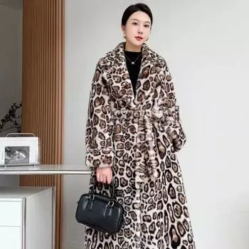 Осенне-зимнее теплое пальто с леопардовым принтом, длинное One size fits all