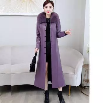 Осенне-зимнее теплое утолщенное лисье меховое женское длинное кожаное пальто-ветровка красного, черного цвета, тонкое модное пальто 4XL красный